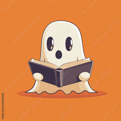 Cute ghost reading a book on an orange background.