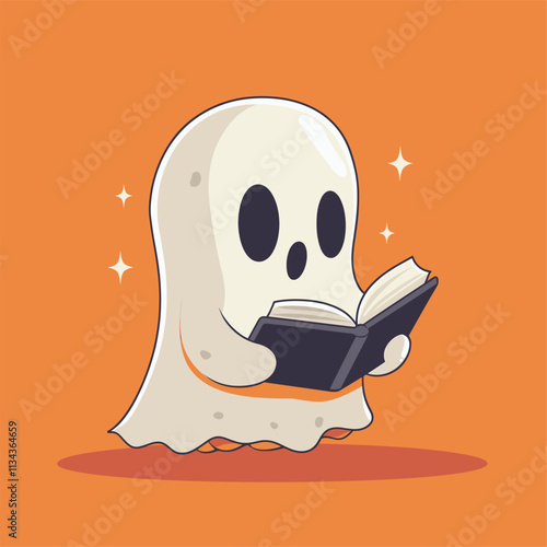 Cute ghost reading a book on an orange background.