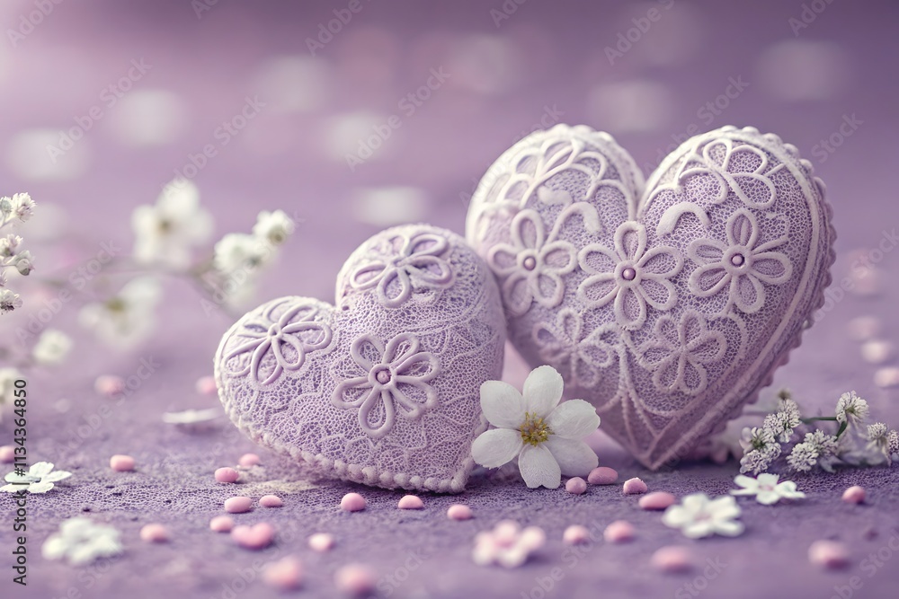 Obraz premium Romantic Lavender Heart Design with Lace Patterns and White Flowers on Purple Background