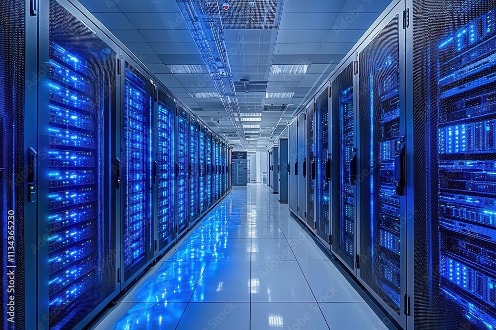 Futuristic data center hallway with symmetrical design and high fidelity lighting modern technology environment digital viewpoint Futuristic data center hallway with symmetrical design and high fidelity lighting modern technology environment digital viewpoint