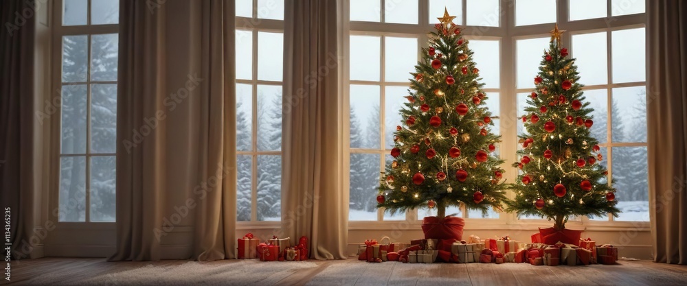 Christmas tree with red and gold ornaments in front of a window, wooden base, soft glow Christmas tree with red and gold ornaments in front of a window, wooden base, soft glow