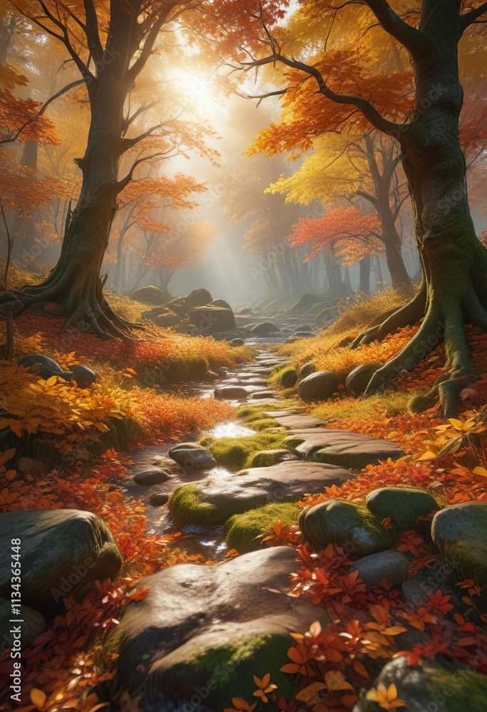 Mossy knoll amidst a sea of autumn leaves, with sunlight filtering through the canopy above , sunlit, knoll, earthy Mossy knoll amidst a sea of autumn leaves, with sunlight filtering through the canopy above , sunlit, knoll, earthy