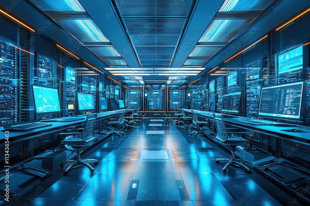 Naklejka premium High-tech server room operations modern data center digital infrastructure symmetrical environment futuristic viewpoint for enhanced efficiency