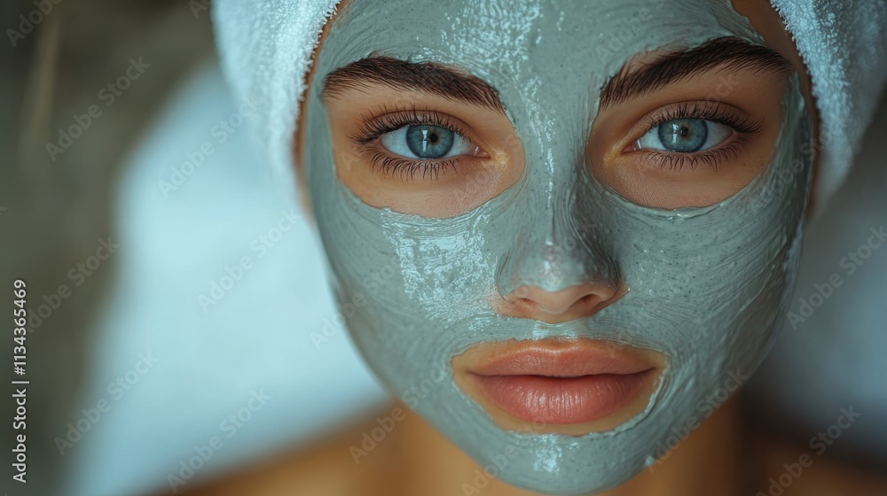 A woman with a facial mask relaxing, showcasing skincare and self-care. A woman with a facial mask relaxing, showcasing skincare and self-care.