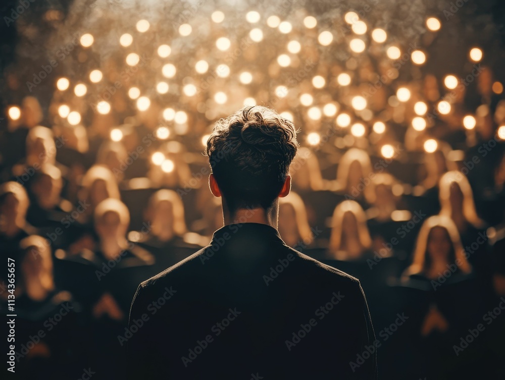 Person's back, facing blurred illuminated choir. Person's back, facing blurred illuminated choir.