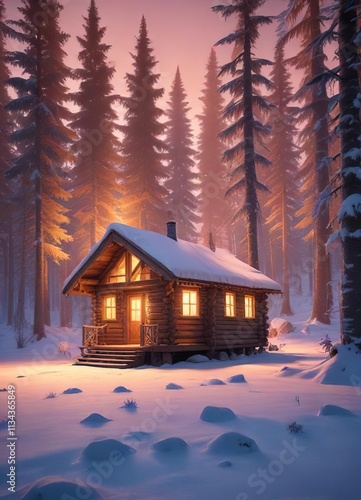 Wooden cabin with a warm glow amidst the frozen landscape of a winter forest, forest floor, peaceful haven photo