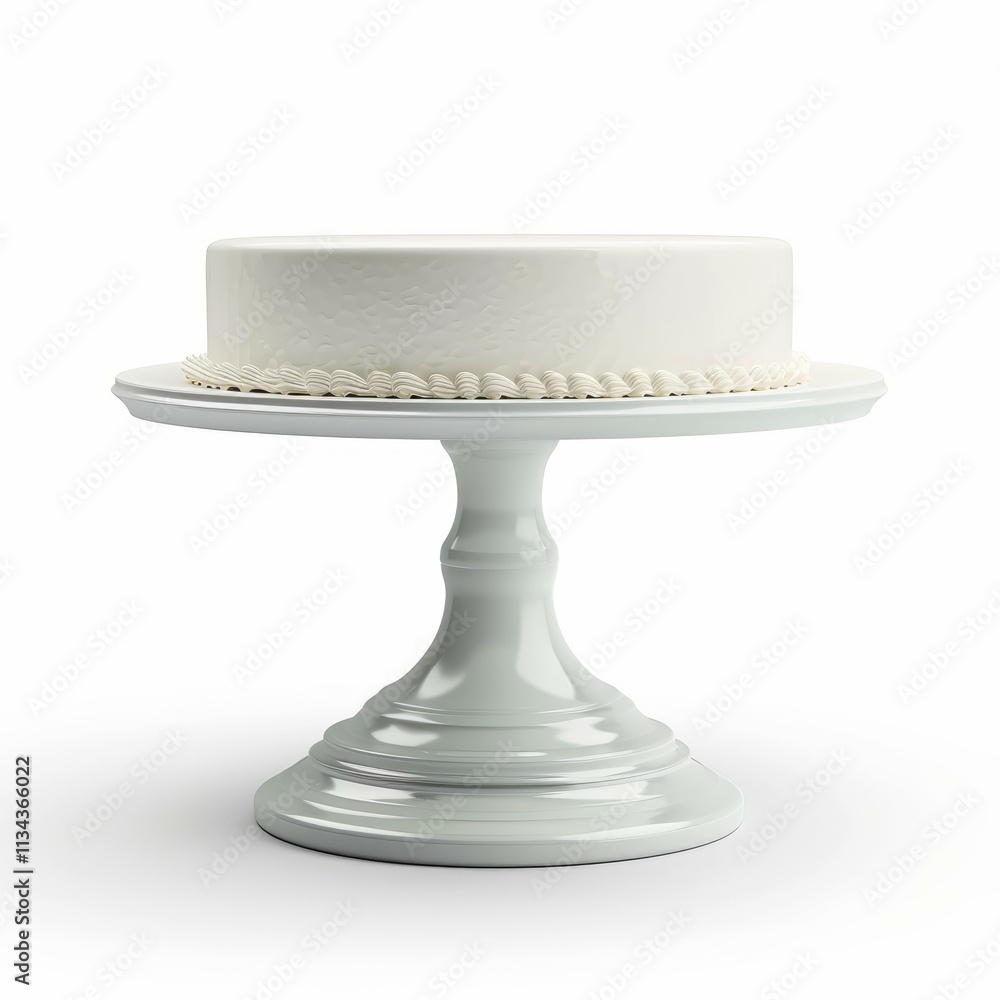 White cake with elegant frosting detail sitting on a white pedestal, ready for a celebration White cake with elegant frosting detail sitting on a white pedestal, ready for a celebration