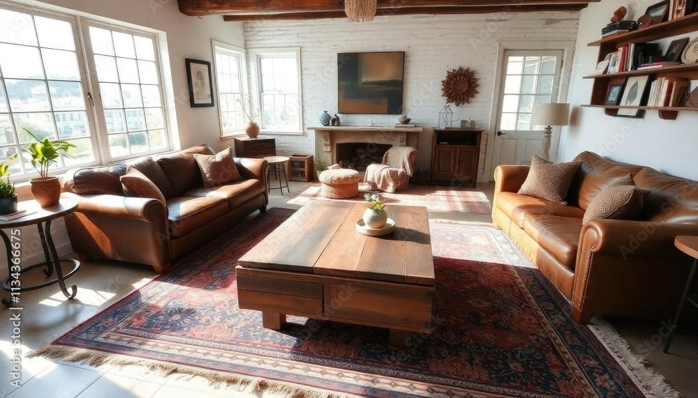 A cozy living room with large windows, wooden furniture, and a patterned area rug, bathed in natural light. A cozy living room with large windows, wooden furniture, and a patterned area rug, bathed in natural light.