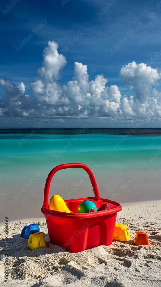 Colorful beach toys in a red bucket beside a clear turquoise ocean on a sunny day Colorful beach toys in a red bucket beside a clear turquoise ocean on a sunny day