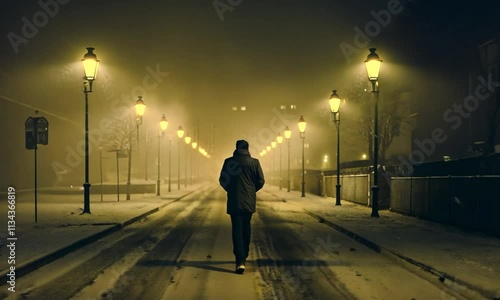 A lone figure walks down a snow-covered street at night, the only light source from the street lamps casting long shadows