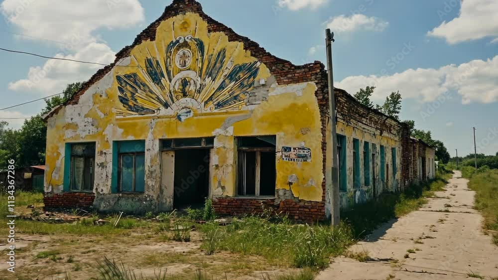 Abandoned building in rural area showcasing decayed architecture and vibrant colors under clear blue sky Abandoned building in rural area showcasing decayed architecture and vibrant colors under clear blue sky