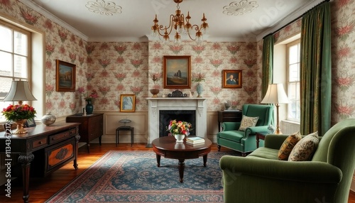 A cozy and elegant living room with floral wallpaper, a chandelier, and a fireplace. The room features a green sofa, armchairs, and a wooden coffee table, as well as decorative elements photo