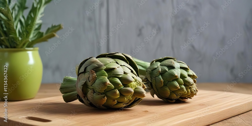 Fototapeta premium Artichoke on a green wooden cutting board with a simple background, green, cutting board, leafy