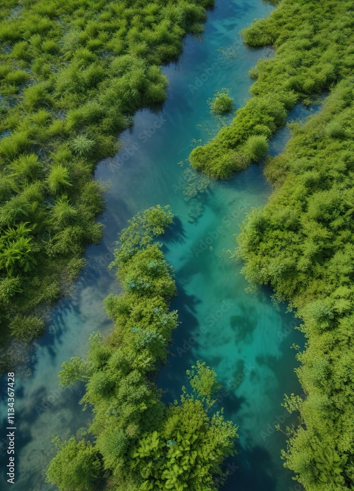 Aerial view of a blue river with floating green Lemna plants and duckweed , natural scenery, blue river Aerial view of a blue river with floating green Lemna plants and duckweed , natural scenery, blue river