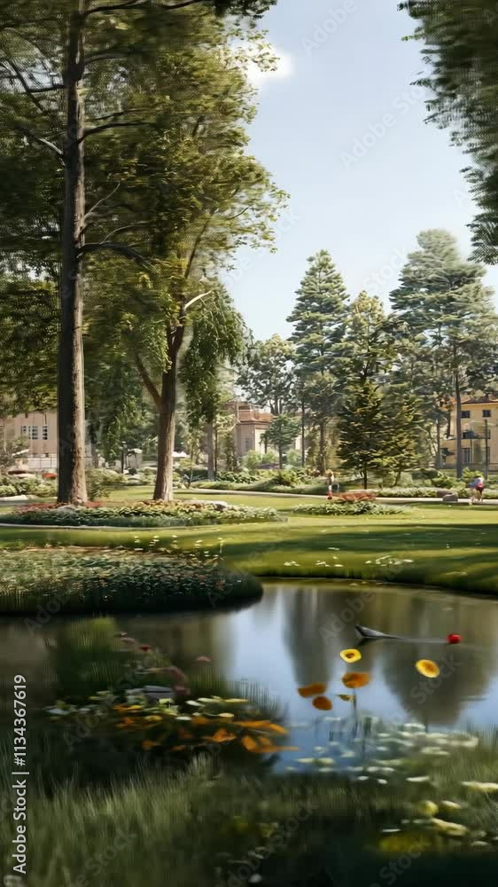 Lush green park with vibrant flowers and a serene pond during a sunny afternoon in a tranquil neighborhood Lush green park with vibrant flowers and a serene pond during a sunny afternoon in a tranquil neighborhood