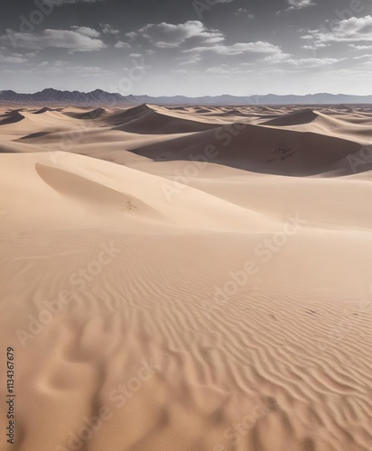 Desert landscape with gentle waves of sand dunes in shades of gray , expansive, vast