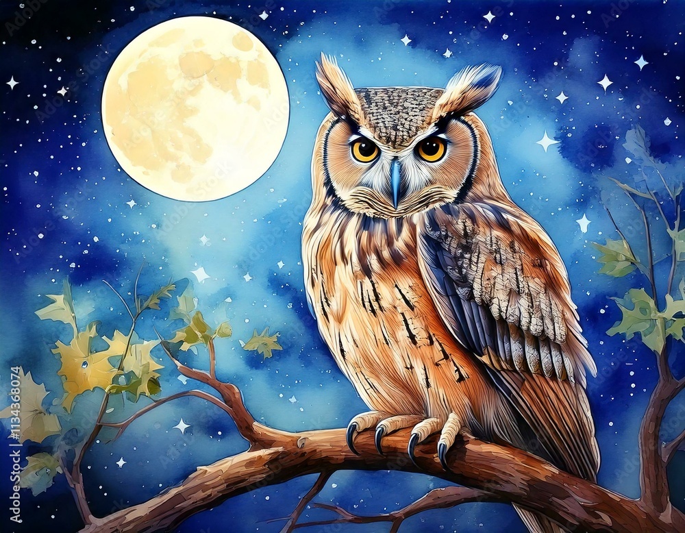 Majestic watercolor owl perched on a branch under a moonlit sky Majestic watercolor owl perched on a branch under a moonlit sky