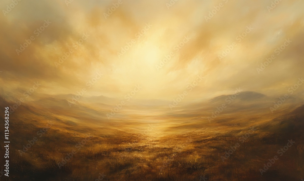 Fototapeta premium Golden landscape, hazy hills, sunlit valley.