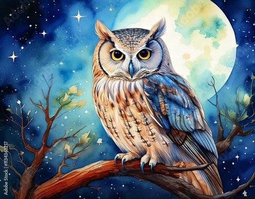 Majestic watercolor owl perched on a branch under a moonlit sky photo