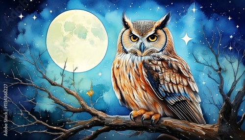 Majestic watercolor owl perched on a branch under a moonlit sky photo