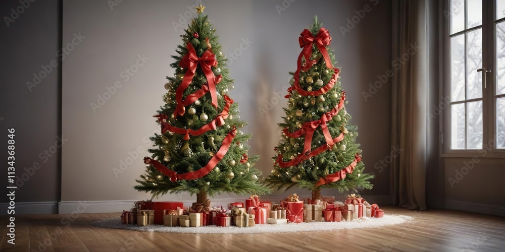 Fir Christmas tree decorated with ribbons and bows, winter holiday decorations, ribbon wrapping, Christmas tree garland Fir Christmas tree decorated with ribbons and bows, winter holiday decorations, ribbon wrapping, Christmas tree garland