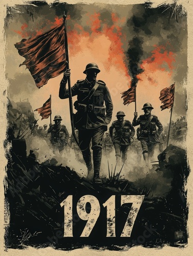 Naklejka Troops in military uniforms march forward, carrying flags amidst smoke and flames, depicting a crucial moment of warfare in 1917 during World War I. The atmosphere is tense, with a dramatic backdrop.