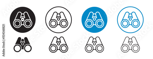 Set of 8 "Binoculars" icons with an unexpanded vector & 1 silhouette - Binoculars icon representing discovery & observation travel adventure & scouting themed projects