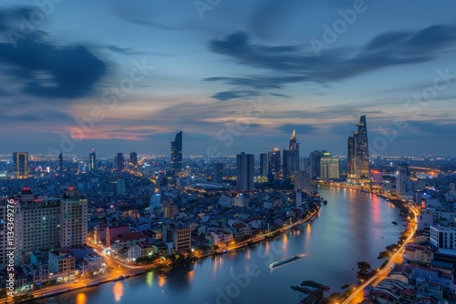 Wallpaper Mural The skyline illuminates as night falls over the city, reflecting lights in the river while boats navigate gently. A mix of urban life and natural beauty unfolds. Torontodigital.ca
