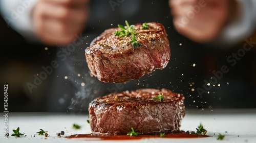 Perfectly seared beef steaks, highlighted with thyme and cracked pepper, capturing the rich flavors and precise culinary techniques of a steakhouse kitchen. photo