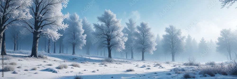 Frosty landscape with snow-covered trees in a cool blue hazy atmosphere, winter landscape, cold winter scene Frosty landscape with snow-covered trees in a cool blue hazy atmosphere, winter landscape, cold winter scene