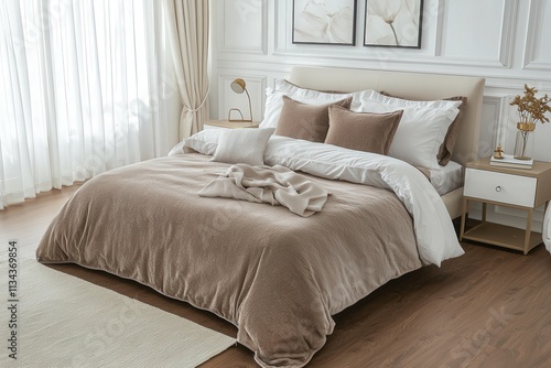 A spacious bedroom features a large bed adorned with soft, beige bedding and decorative pillows. Natural light streams through large windows, enhancing the serene atmosphere of the room.