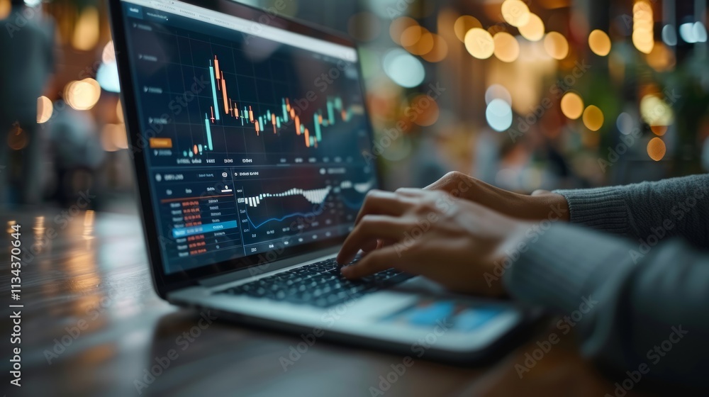 Laptop displaying stock market charts, hands typing. Laptop displaying stock market charts, hands typing.