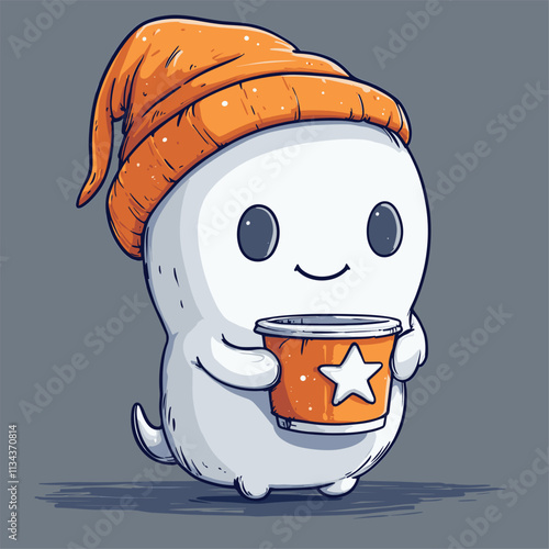 Cartoon ghost with orange beanie and mug on dark background.