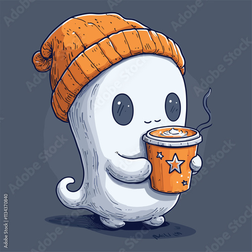 Cartoon ghost with orange beanie and mug on dark background.