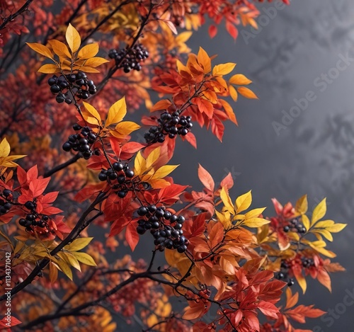 Branch with colorful leaves and black chokeberry, natural scenery, black chokeberry, forest scenery