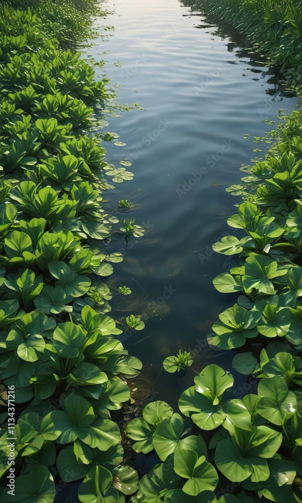 Green water hyacinths are fully submerged in the river's surface, obstructing sunlight , plant life, aquatic plants, dense growth Green water hyacinths are fully submerged in the river's surface, obstructing sunlight , plant life, aquatic plants, dense growth
