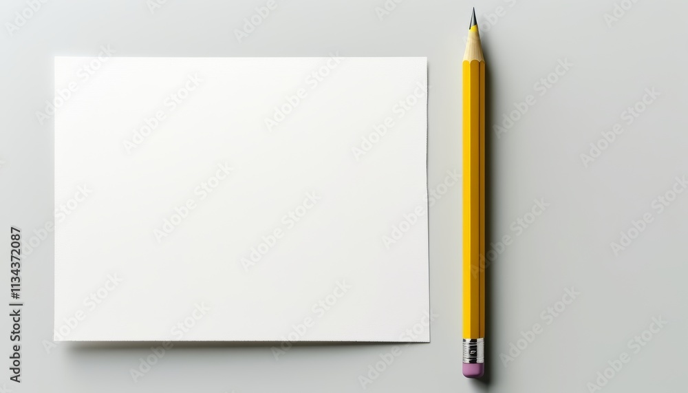 Sharpened Yellow Pencil Next to Blank Card on Minimalist Background in Soft Light Setting Sharpened Yellow Pencil Next to Blank Card on Minimalist Background in Soft Light Setting
