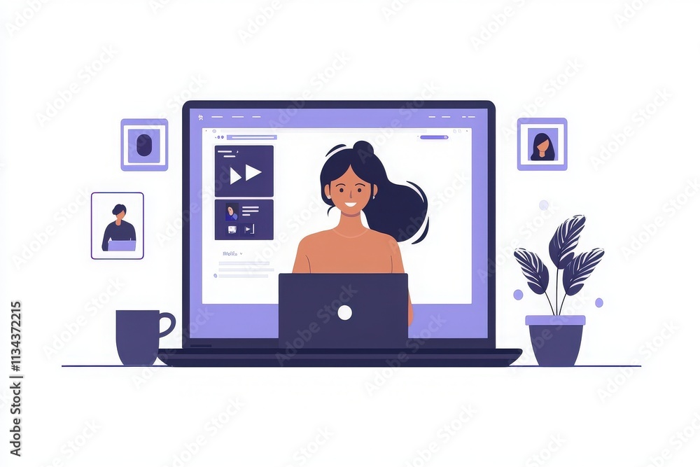 A woman smiles while working on her laptop in a cozy home office. Surrounding her are pictures and a plant, creating an inviting atmosphere. A woman smiles while working on her laptop in a cozy home office. Surrounding her are pictures and a plant, creating an inviting atmosphere.