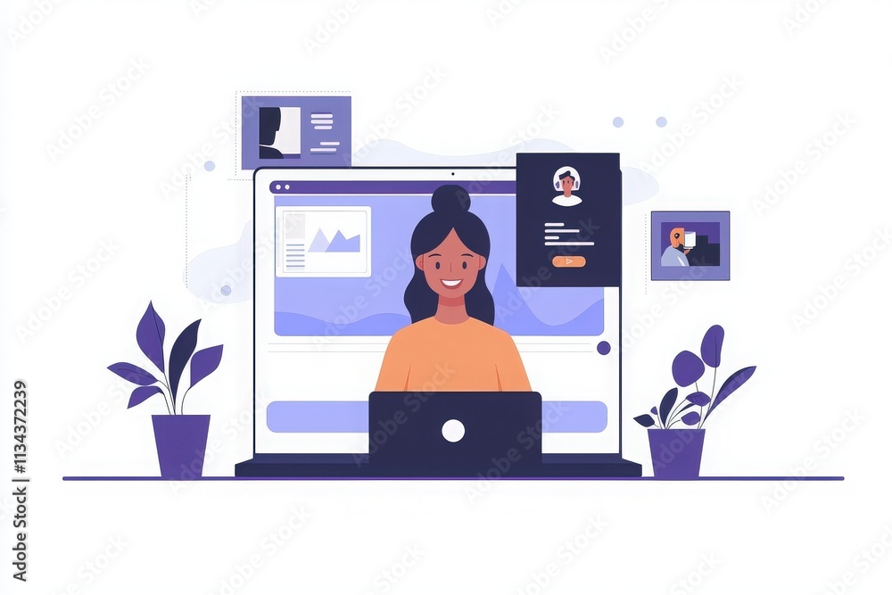 A woman sits at her laptop in a modern digital workspace. She engages with various online features as plant decor adds a fresh touch to her environment. A woman sits at her laptop in a modern digital workspace. She engages with various online features as plant decor adds a fresh touch to her environment.