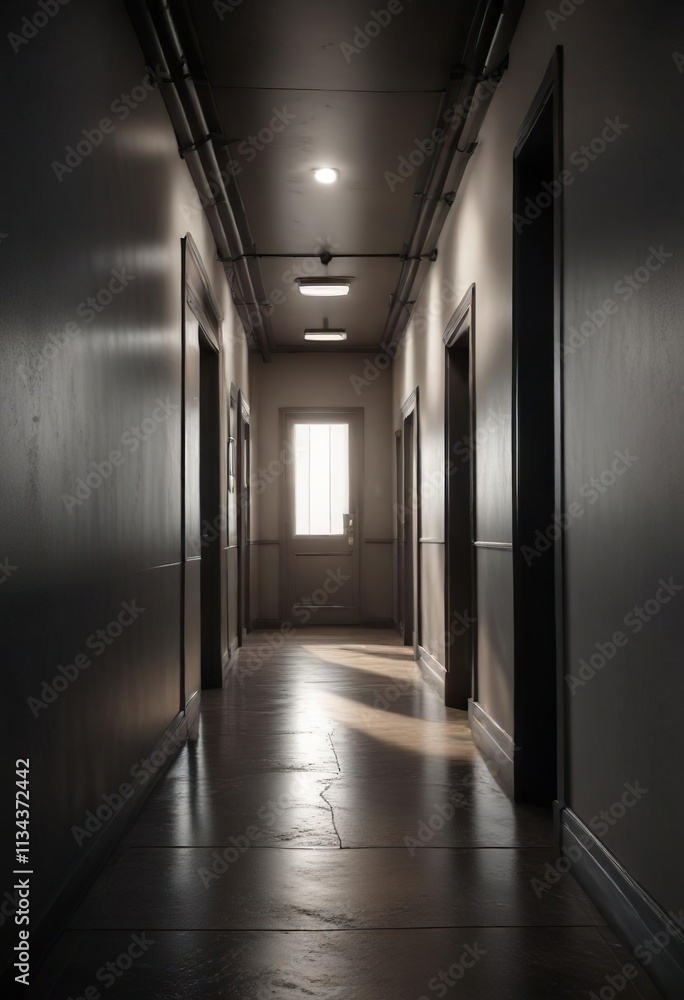 Long empty hallway stretching into distance, dramatic lighting, lighting, long Long empty hallway stretching into distance, dramatic lighting, lighting, long