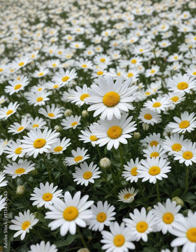 Single daisy basking in a sea of white flowers, summer sun, fresh blooms, gentle light Single daisy basking in a sea of white flowers, summer sun, fresh blooms, gentle light
