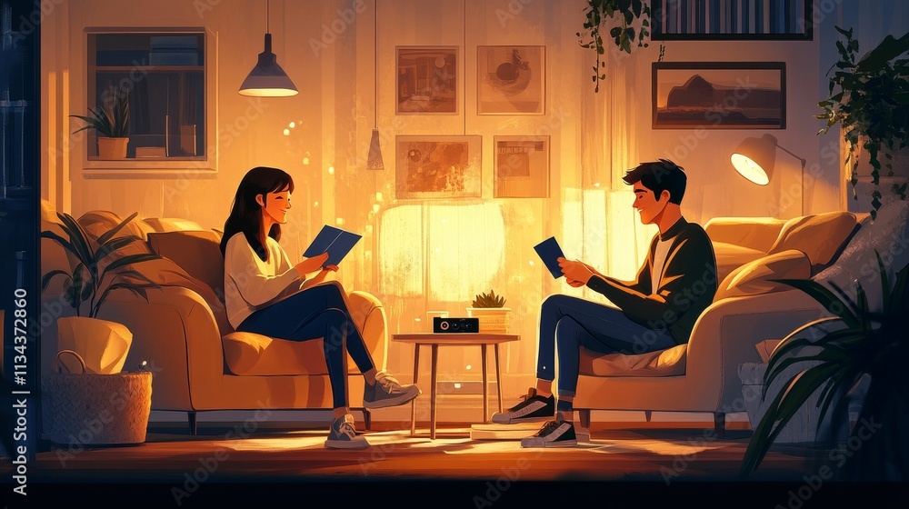Fototapeta premium Couple reads books, cozy evening, warm lighting, comfortable chairs.