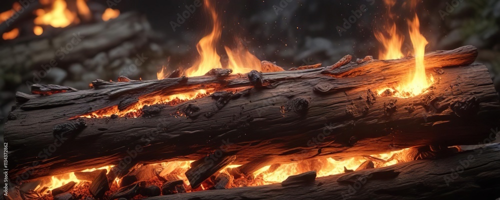 Macro fire burning on a wooden log with glowing embers, wood, ember Macro fire burning on a wooden log with glowing embers, wood, ember