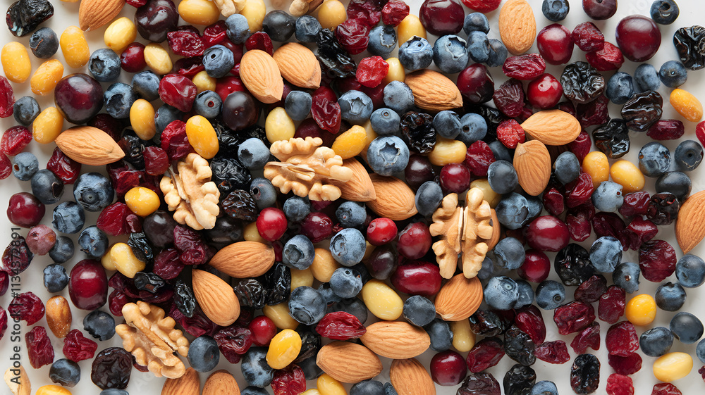 A mix of various nuts and dried fruits scattered on a white surface. A mix of various nuts and dried fruits scattered on a white surface.