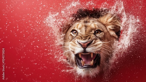 A majestic lion roars fiercely, breaking through a vivid red background, symbolizing raw power and untamed ferocity, capturing a sense of exhilarating movement. photo