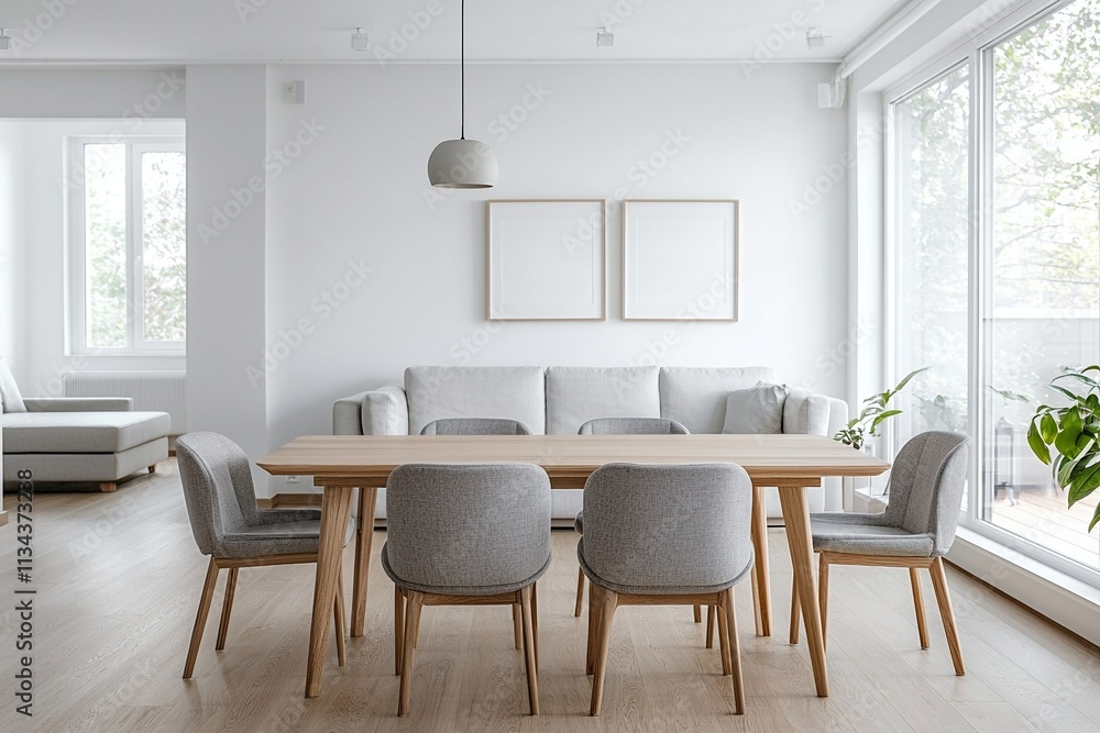 Fototapeta premium A dining room with minimalist, white-finished walls and a Scandinavian interior design with a view of the living room. Generative AI 