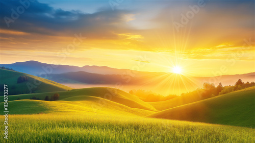 A breathtaking sunrise over rolling green hills, with soft yellow and orange light bathing the landscape. Ideal for nature, serenity, and morning themes.