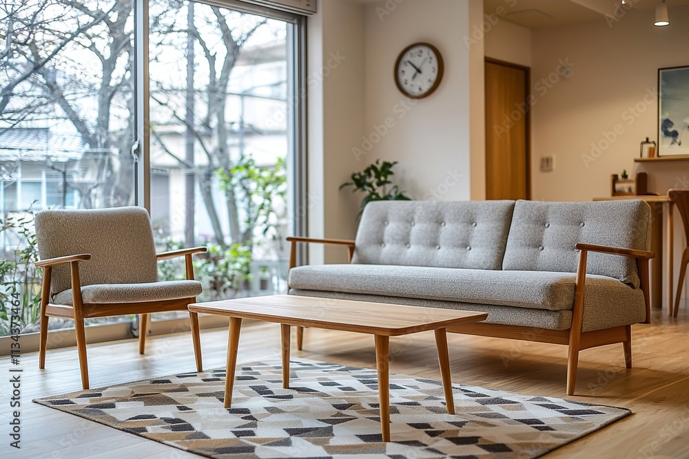 Fototapeta premium Minimalist, mid century modern interior design in the living room of a house with windows visible and sofas and wood tables. Generative AI 