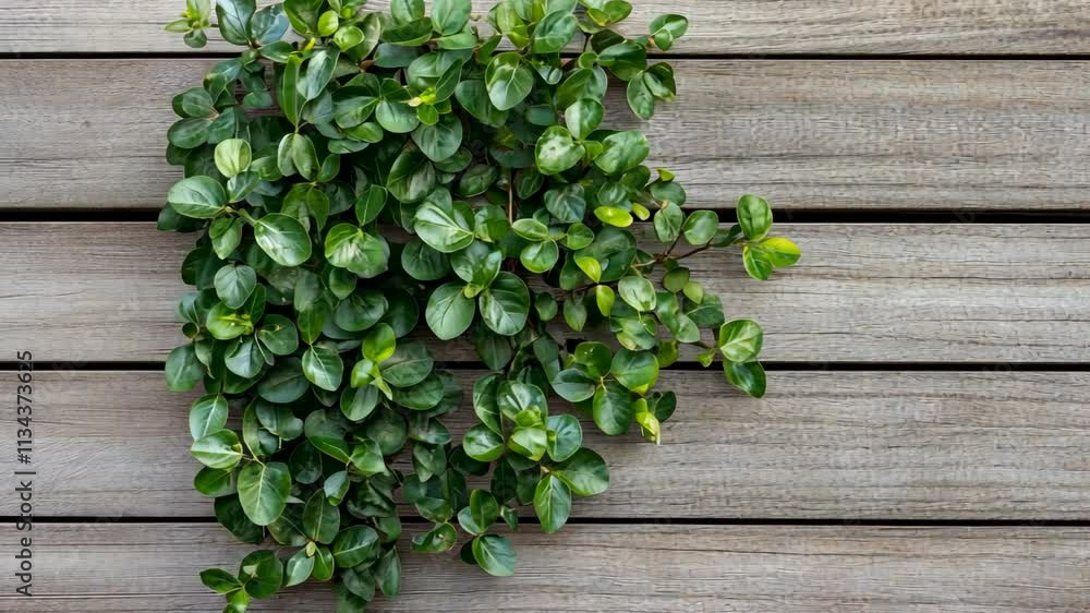 Lush green foliage growing against a wooden background displays nature's beauty and harmony Lush green foliage growing against a wooden background displays nature's beauty and harmony