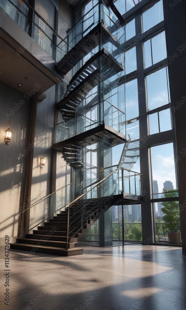 Obraz premium Tall glass tower with a spacious stairwell and elegant railings, high-rise building, skyscraper
